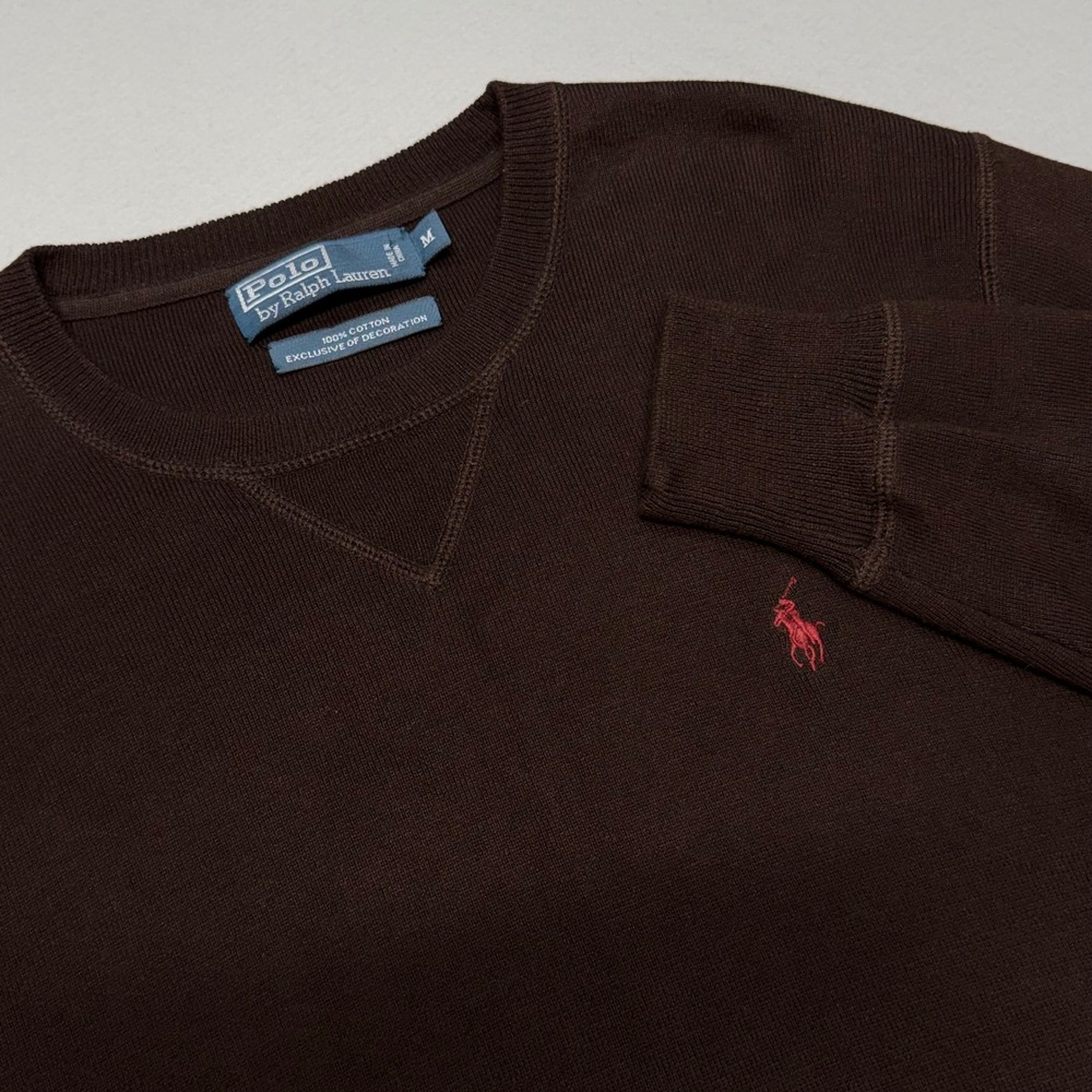 Polo Ralph Lauren Mens Medium Brown Cotton Ribbed V-Stitch Crew Neck Sweater VTG